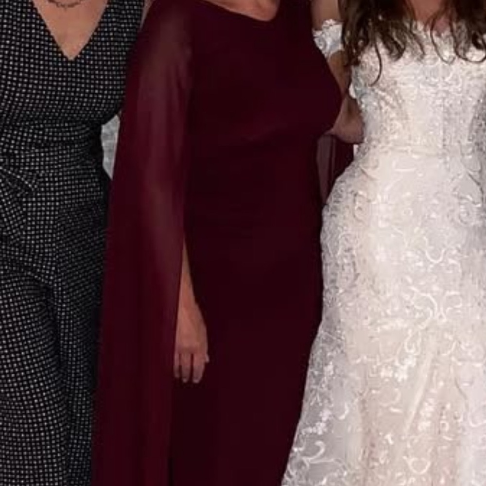 Betsy & Adam burgundy wine formal mother of bride dress cape maxi wedding